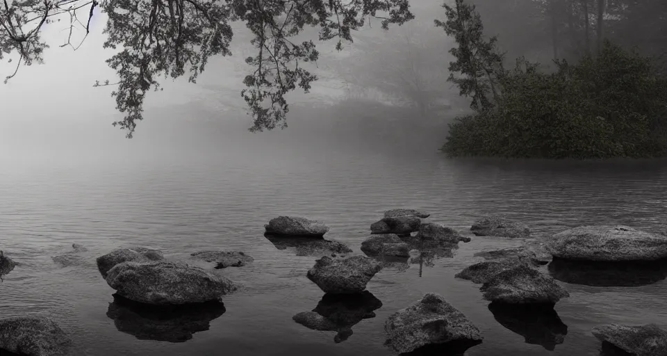 Prompt: extreme low angle camera lens partially submerged in water showing the surface of a lake with a rocky lake shore in the foreground, hexagonal rocks, geometric rocks, scene from a film directed by charlie kaufman ( 2 0 0 1 ), foggy volumetric light morning, extremely moody, cinematic shot on anamorphic lenses