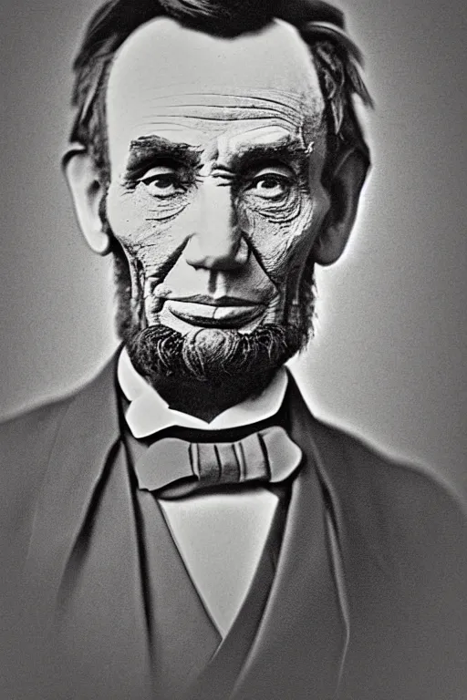 Prompt: Abraham Lincoln !!!!grinning, portrait, full body, symmetrical features, silver iodide, 1880 photograph, sepia tone, aged paper, Sergio Leone, Master Prime lenses, cinematic