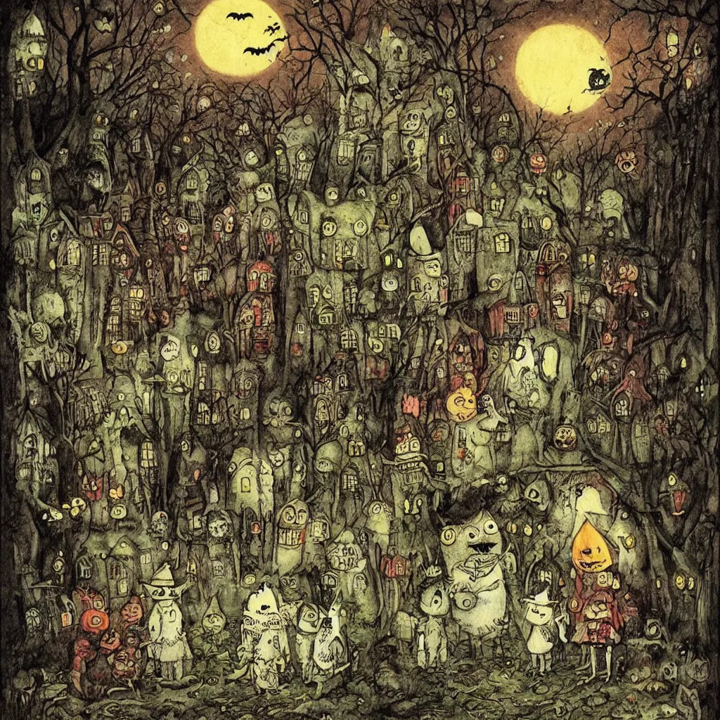 Prompt: a halloween scene by alexander jansson and maurice sendak