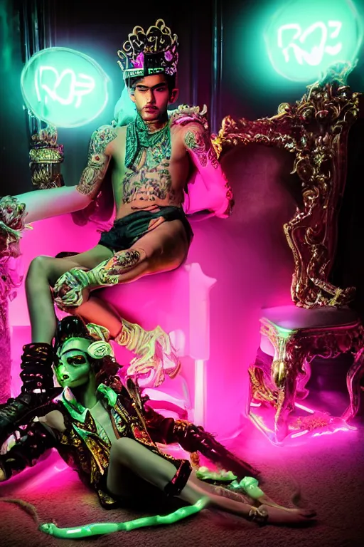 Prompt: full-body rococo and cyberpunk style neon statue of a young attractive Zayn Malik macho dotado e rico android sim roupa reclining con las piernas abertas e la piroca dura, glowing mint laser eyes, golden prince crown, black steampunk gears, pink diamonds, swirling mint-colored silk fabric. futuristic elements. black dripping tar. full-length view. space robots. human skulls. intricate artwork by caravaggio. Trending on artstation, octane render, cinematic lighting from the right, hyper realism, octane render, 8k, depth of field, 3D