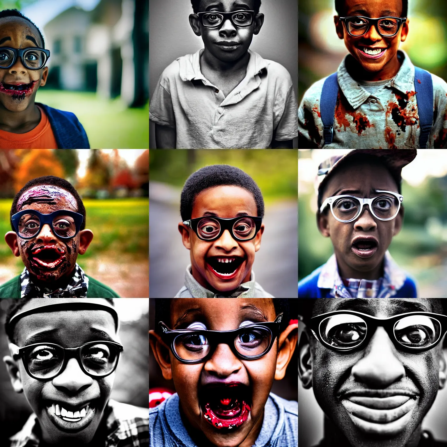 Prompt: portrait photograph, steve urkel as a zombie, depth of field, bokeh