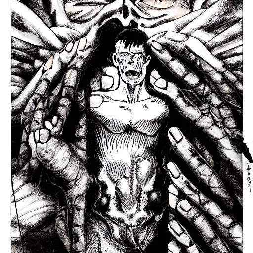 Image similar to eyes, last days of humanity lone survivor holding his guts by hands, junji ito, amano yoshitaka, 8k hd