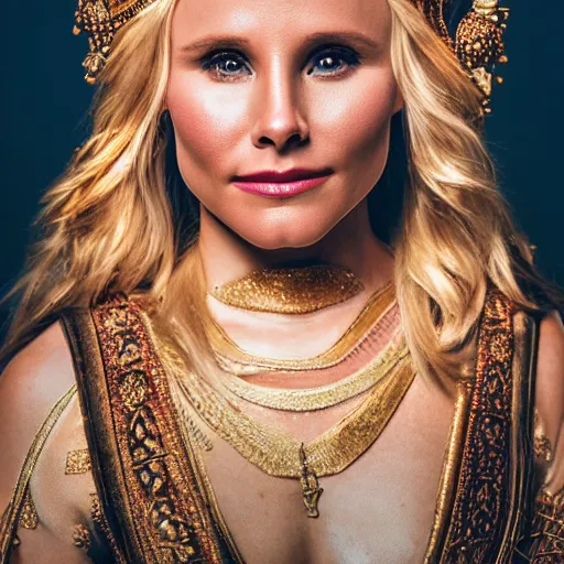 Image similar to Kristen Bell as a Greek Goddess, glowing, dramatic, Sony a7R IV, symmetric balance, polarizing filter, Photolab, Lightroom, 4K, Dolby Vision, Photography Award