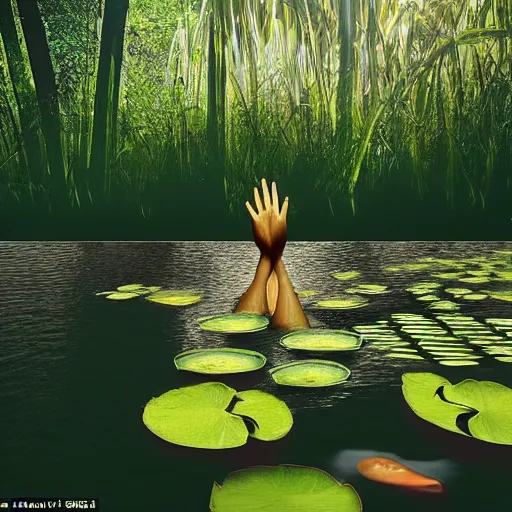 Prompt: A face submerged in shallow water surrounded by lily pads and other vegetation. The eyes are glowing and there is a hand reaching out towards you