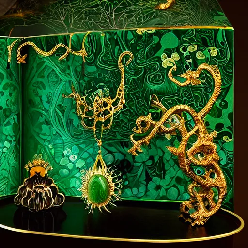 Image similar to jewellery with filigree faberge orchid betta whiplash forest liquid lightshow twisted organic natural forms designed by kilian eng and william morris, gold and jade, studio photography beautiful set up