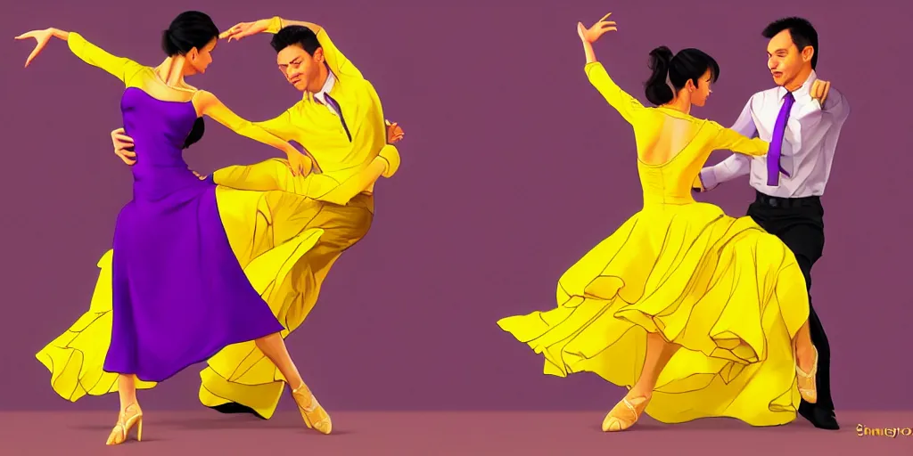 Image similar to Dancing Gesture draw by Stanley Artgerm Lau, Gesture draw, Salsa Social Dance, couple, lady using yellow dress, guy using purple light fancy suit, Salsa tricks, WLOP, Rossdraws, Gesture draw, James Jean, Andrei Riabovitchev, Marc Simonetti, and Sakimichan, trending on artstation