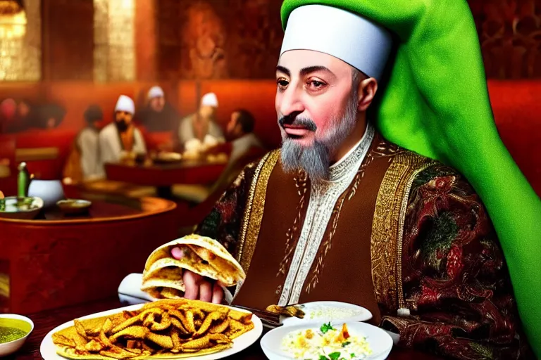 Image similar to Ottoman Sultan Mehmet IV eating shawarma in a restaurant, wearing big ovular turban and a luxurious Ottoman coat, green eyes, super realistic facial features, detailed face, Ottoman Sultanate, cheerful, expressive, photorealistic, hyperrealism, micro details, HDR Shot