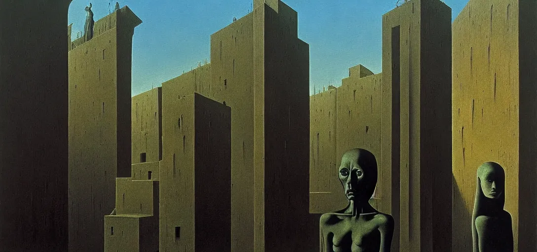 Prompt: dystopian surreal painting of a single eerie head statue surrounded by buildings by zdzisław beksinski and caravaggio