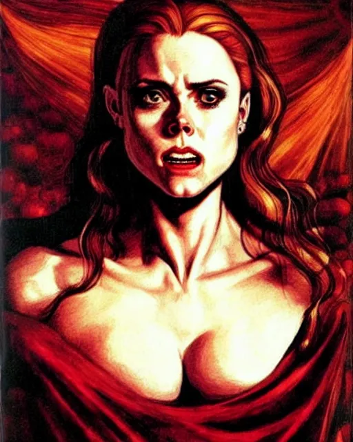 Prompt: rafeal albuquerque comic art, tintoretto : : gorgeous vampire amy adams : : sharp teeth, open mouth sneer : : symmetrical face, symmetrical eyes : : gorgeous red hair : : magic lighting, low spacial lighting : :