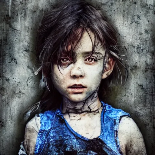 Image similar to detailed half body digital art for a game of a beautiful child wearing ragged, heavy and ruined clothes. the background is dark. dramatic camera angle