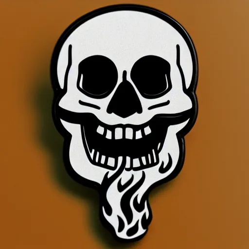 Image similar to a retro minimalistic wide smiling skull with fire flame enamel pin, hd, concept art