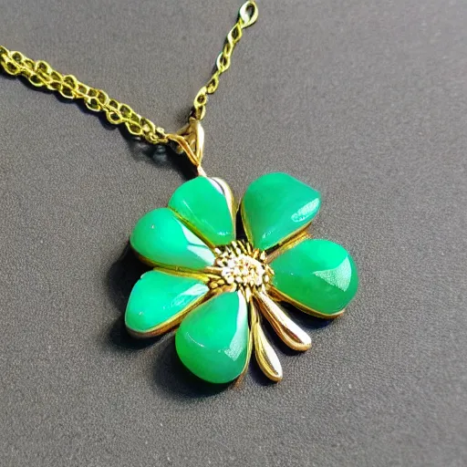 Prompt: simple embroidered clover necklace with jade stone, hyper realistic