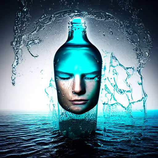 Image similar to water art manipulation in the shape of a human head in a bottle shape, on the ocean water, futuristic, glowing, hyper realistic, ray tracing, realistic water splashes, sharp focus, long shot, 8 k resolution, cinematic, photoshop art