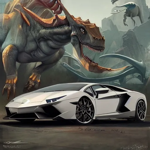 Prompt: lamborghini with dinosaur near a mc donald store, highly detailed, concept art, art by wlop and artgerm and greg rutkowski, masterpiece, trending on artstation, 8 k