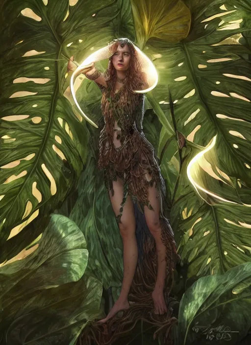 Image similar to a female druid with monstera leaf themed clothing, fully clothed, monstera leaves in the background, holding a glowing orb of leaves, volumetric lighting, D&D, fantasy, intricate, cinematic lighting, highly detailed, digital painting, artstation, concept art, smooth, sharp focus, illustration, art by Artgerm and Greg Rutkowski and Alphonse Mucha