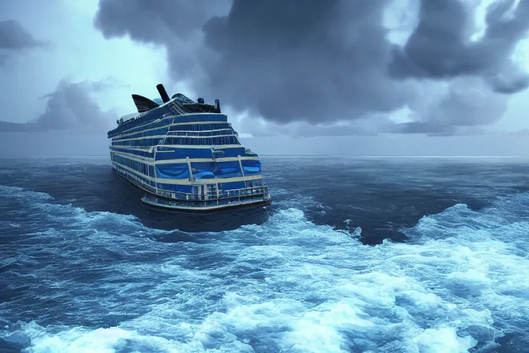 Prompt: photorealistic blue - tinted photo of a sinking cruise ship, storm, wave, bermuda triangle, thunderstorm, horror, smooth, epic, highly detailed, cinematic, unreal engine rendering