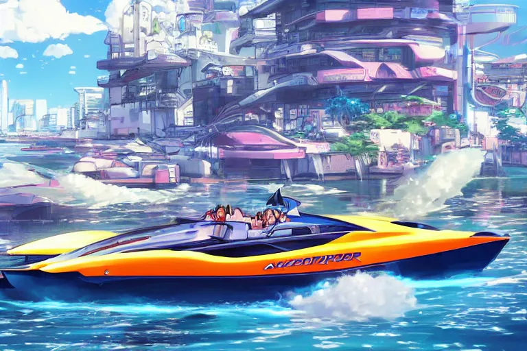 Image similar to Axopar 37 speedboat going full speed in front of shoreline city in anime cyberpunk style by Hayao Miyazaki