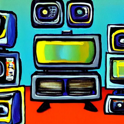 Image similar to array of crt televisions, fuzzy, tv static, antenna, stacked, polaroid, steroids, adult video store, impressionist painting, painting, acrylic painting, cell shaded