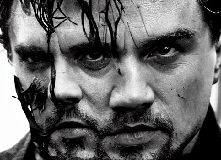 Image similar to an action scene from the movie scarface, medium long shot, costumes from peaky blinders, filmed in the dark woods, a cabin in the background, leonardo dicaprio and daniel day - lewis, sharp eyes, serious expressions, detailed and symmetric faces, black and white, cinematic, epic,