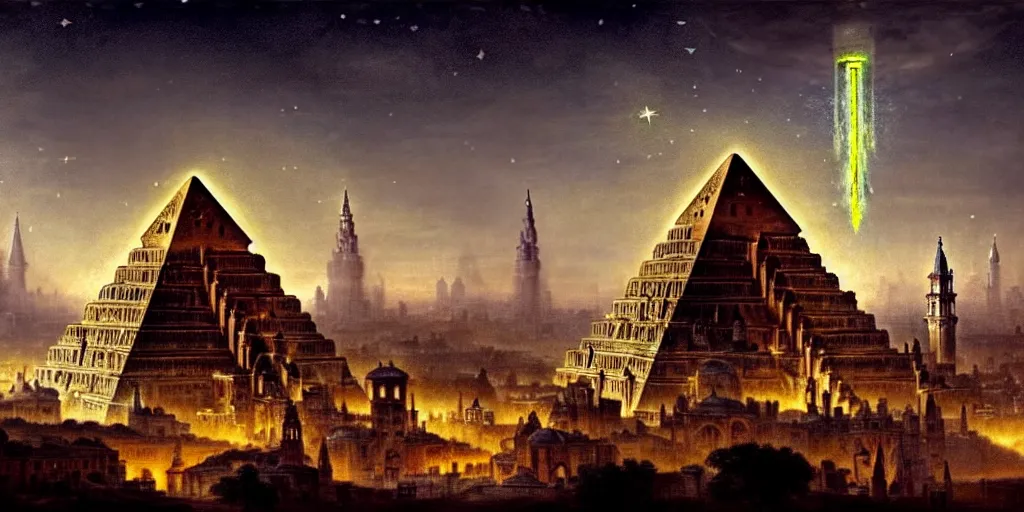 Image similar to magical city of the great tartarian empire adorned with amazing lost technology, lighting resembling fireflies, spires from rooftops collecting and distributing etheric energy, the centerpiece of the city is a colossal ancient pyramid made of metal, cityscape, combining intense detail & utmost quality, late 1 8 0 0 s photography christian hecker, artstation, - h 8 3 2