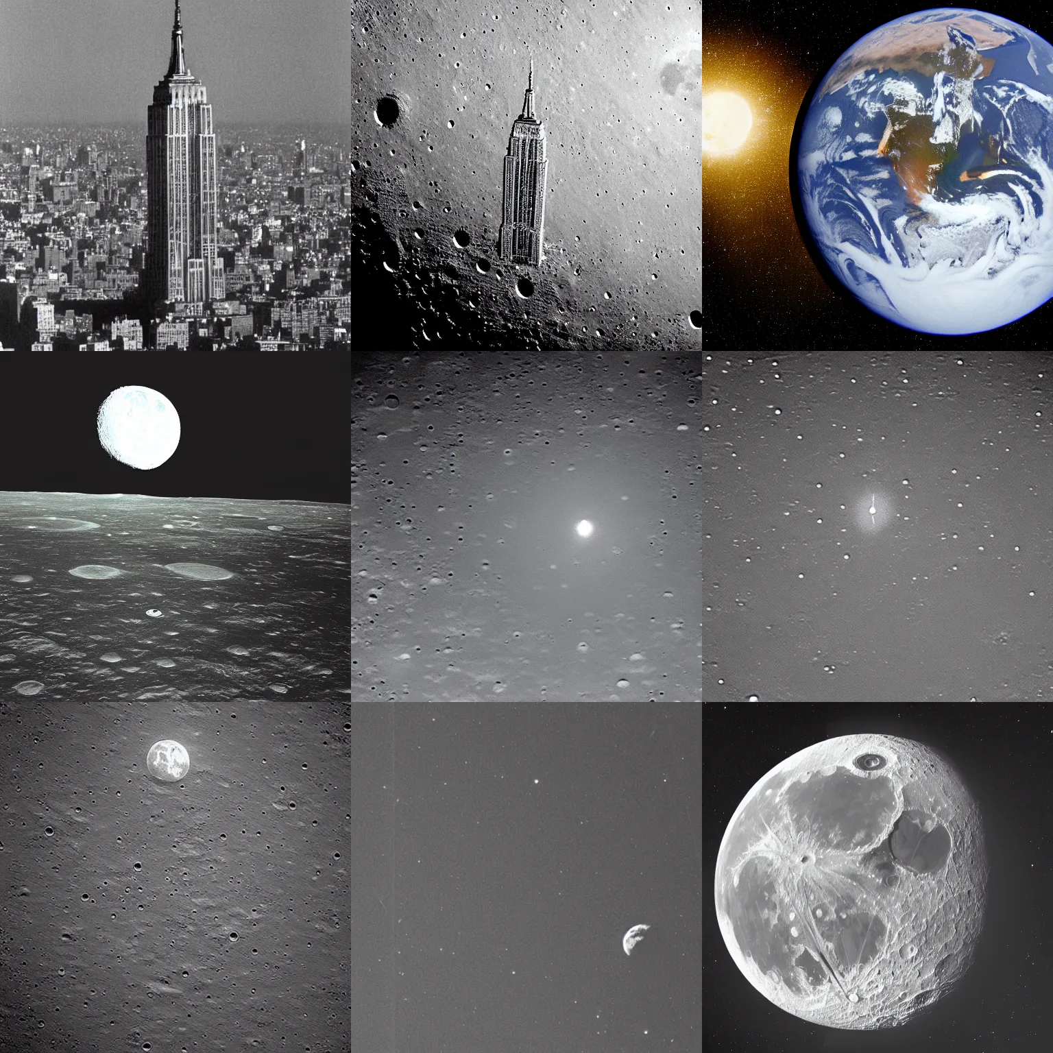 Prompt: The empire state building on the moon, high exposure image of earth in the sky