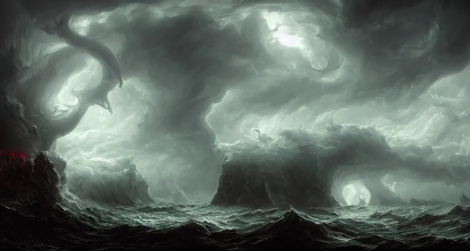 Prompt: lovecraftian eldritch call of cthulhu on a snowy island surrounded by raging stormy seas by eugene von guerard, ivan shishkin, night, red lightning!!, storm!, dramatic lighting, concept art, trending on artstation, 8 k