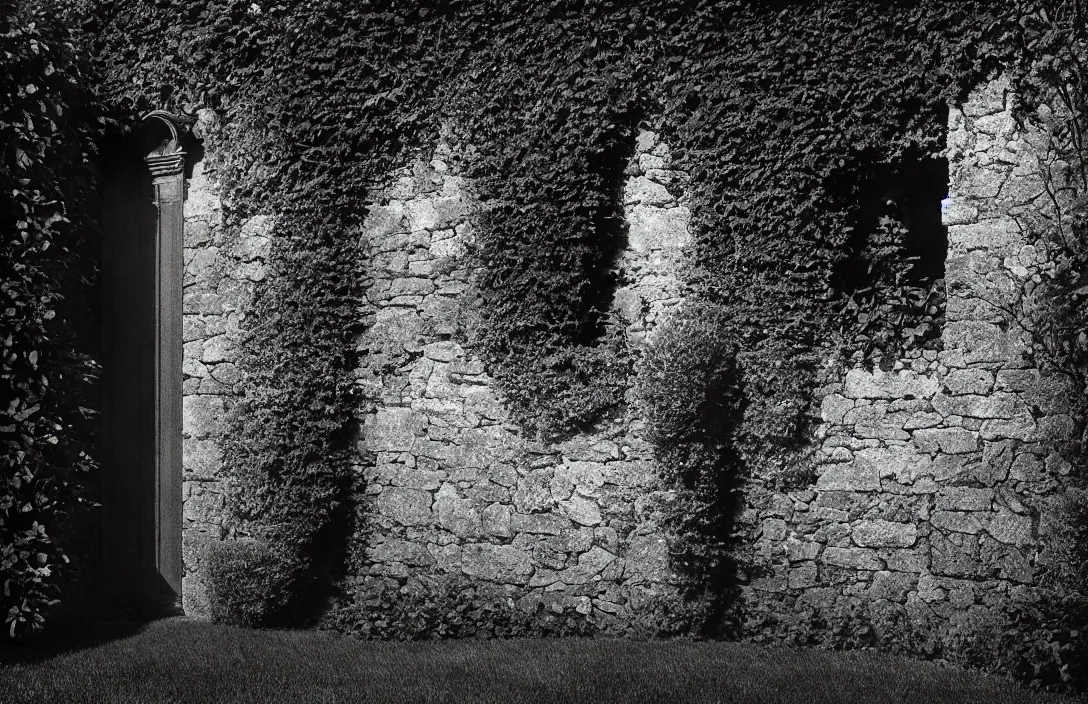 Image similar to sequestered corner of a garden within a castle walls line density is used for rendering light and shadow. forms exist in three dimensions, with height, width, and depth. intact flawless ambrotype from 4 k criterion collection remastered cinematography gory horror film, ominous lighting, evil theme wow photo realistic postprocessing excommunication directed by kurosawa