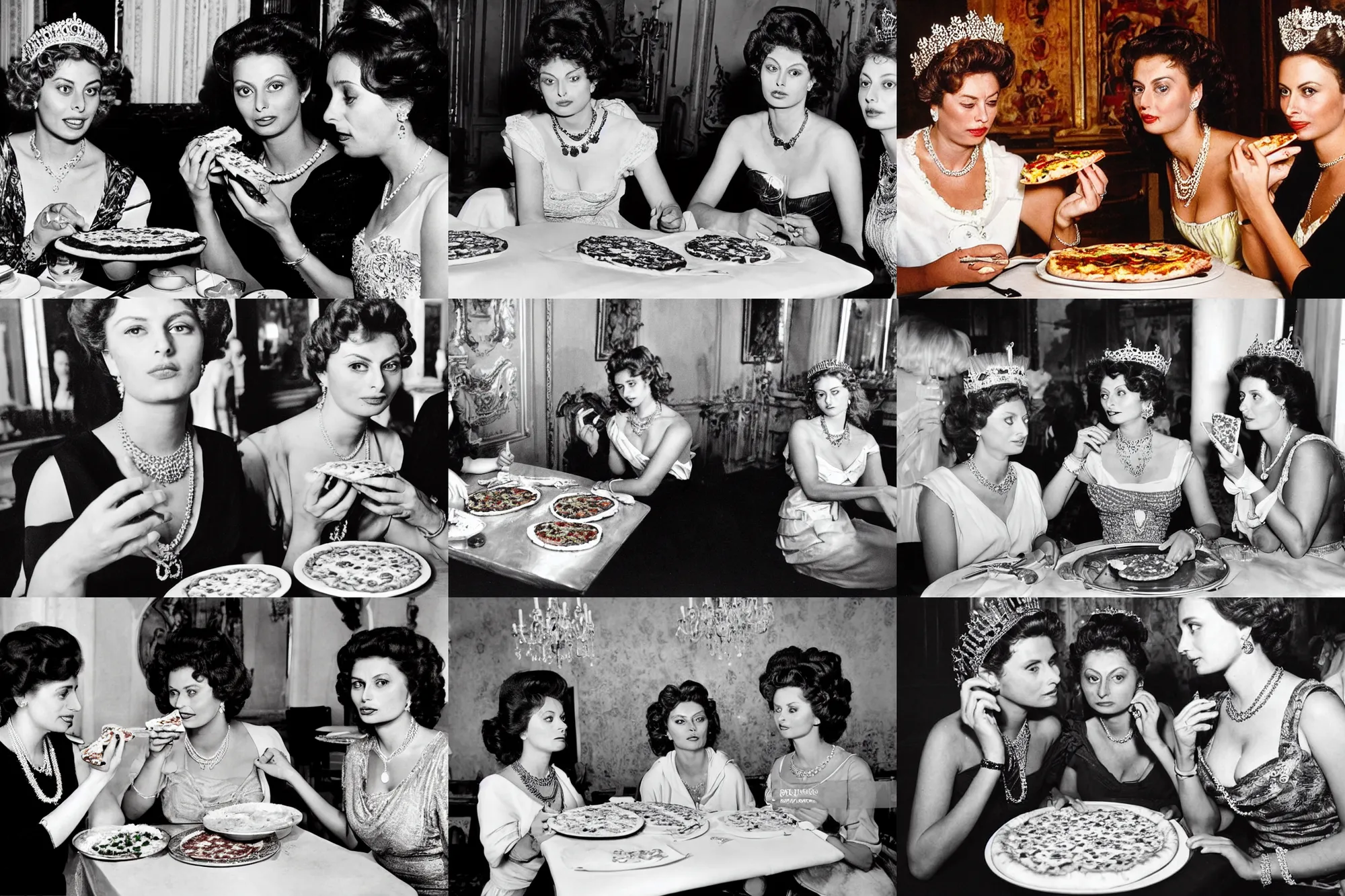 Prompt: a historical portrait photo of two young women sharing a pizza margherita, one woman is queen margherita of savoy with tiara and pearl necklace, one woman is sophia loren with black flowing hair, smooth lighting, masterpiece, timeless, photography by letizia battaglia