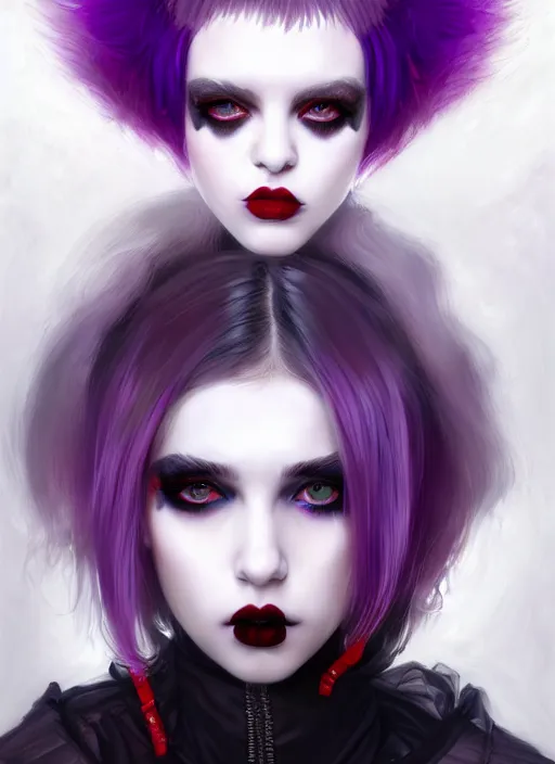 Image similar to portrait of white teenage girl, normal face, white bangs, mall goth, cyberlox, black and white hair, bangs, fluffy bangs, red contact lenses, purple lipstick, intricate, elegant, highly detailed, digital painting, artstation, concept art, sharp focus, smooth, illustration, art by wlop, mars ravelo and greg rutkowski