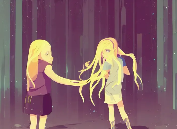 Image similar to little girl with long blonde hair meeting a ghost. clean cel shaded vector art. shutterstock. behance hd by lois van baarle, artgerm, helen huang, by makoto shinkai and ilya kuvshinov, rossdraws, illustration, art by ilya kuvshinov