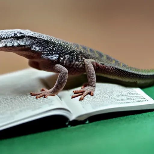 Prompt: the! geico! gecko on a table,! being crushed! by a stack of books