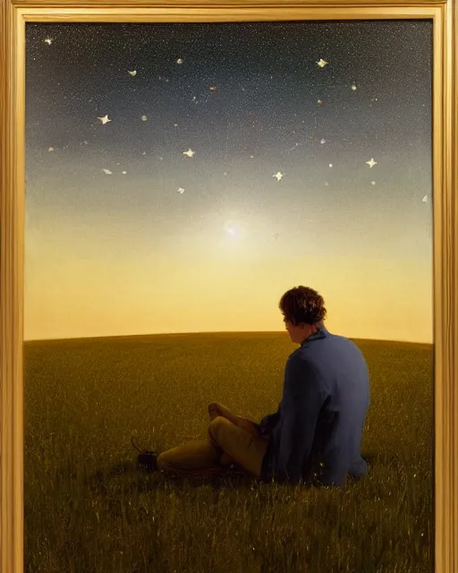 Prompt: man sitting in a huge field star filled night sky, by bo bartlett, wide angle, surreal