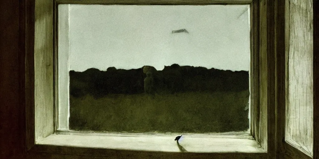 Image similar to the creepy person outside the window, a painting by Andrew Wyeth