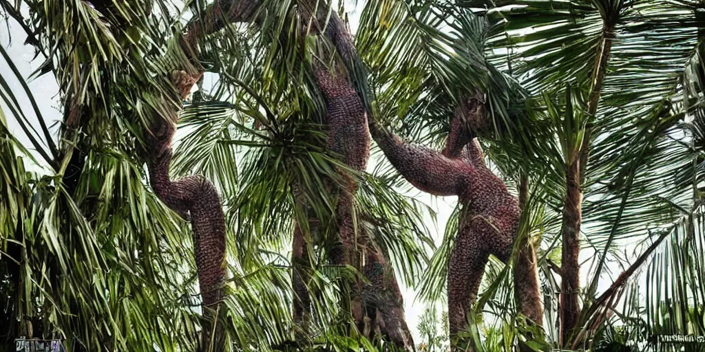 Image similar to photo of a very long neck godzilla nibbling on palm trees, silly, funny, weird and odd