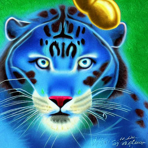 Image similar to church painting of the god of nature, the blue panther, with golden nimbus, digital art