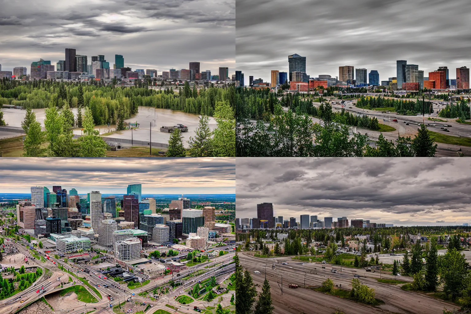 Prompt: urban landscape photo of Edmonton Alberta, humid evening, natural dynamic range color, 1/4th shutterspeed, sigma 24mm f8