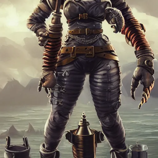 Image similar to full body portrait of a scrappy female gnome engineer with pixie undercut hair and one prosthetic metal gauntlet arm, standing on a ship deck, naval background, fantasy, D&D, full body portrait, highly detailed, digital painting, HD, trending on ArtStation, dark fantasy, great composition, concept art, matte, sharp focus, illustration, art by artgerm and greg rutkowski