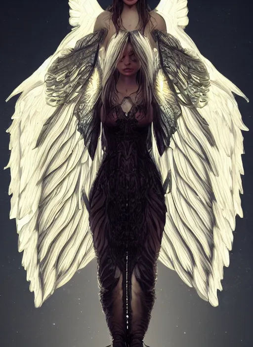 Prompt: Beautiful female angel, digital Art, trending on Artstation, dramatic lighting, face symmetry, full body, intricate wings