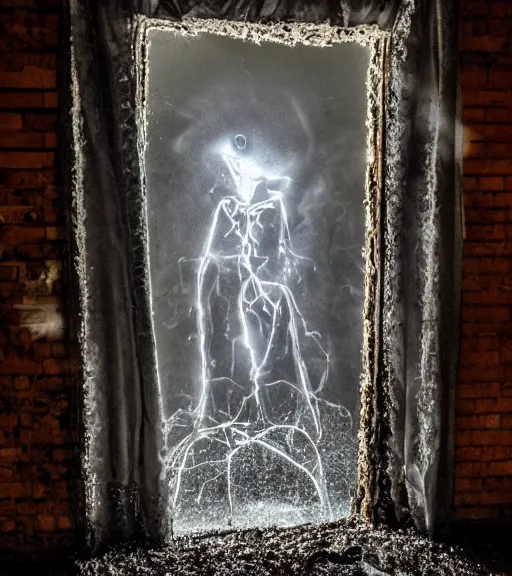 Image similar to a portal vortex made of melting metals show a window to a dark scary realm evil professional photography, high resolution, liminal eerie midnight backlit, a photograph taken by holloywood studios