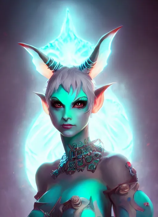 Image similar to imp demon goddess, cute elf ears, strapless dress, character portrait in the style of thomas river and artgerm, cinematic lighting, hyperdetailed, 8 k realistic, symmetrical, global illumination, radiant light,, frostbite 3 engine, cryengine, dof, trending on artstation, digital art, chanel