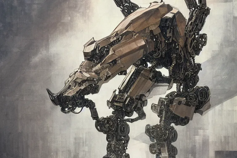 Image similar to portrait of a robotic rhino mecha elegant, concept art, intricate complexity, by shigenori soejima, krenz cushart, alphonse mucha, takato yamamoto, conrad roset, 4 k, beautiful, cinematic dramatic atmosphere, volumetric lighting, highly detailed, perfect, fine details, realistic shaded, artwork by subjekt zero