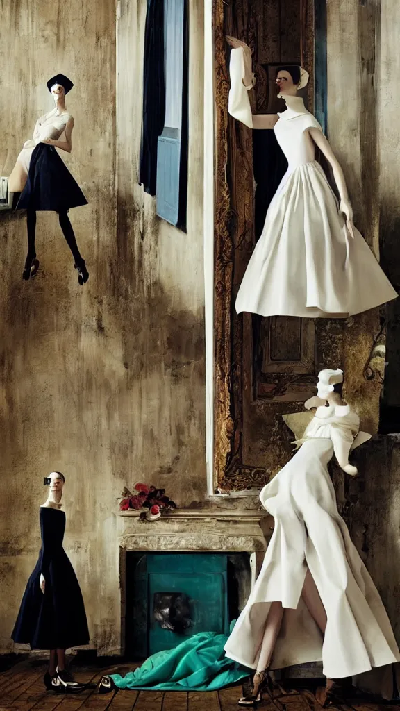 Image similar to Editorial photoshoot for Vogue Italy, haute couture, vintage inspired, cinematic, inspired by the paintings of Edward Hopper and René Magritte photographed and lensed by Tim Walker
