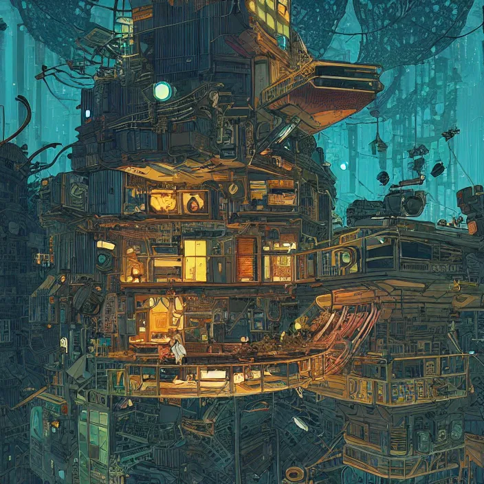 Image similar to Stunningly intricate illustration of a cyberpunk explorer playing video games in his treehouse, highly detailed, midnight, by Victo Ngai and James Gilleard , Moebius, Laurie Greasley