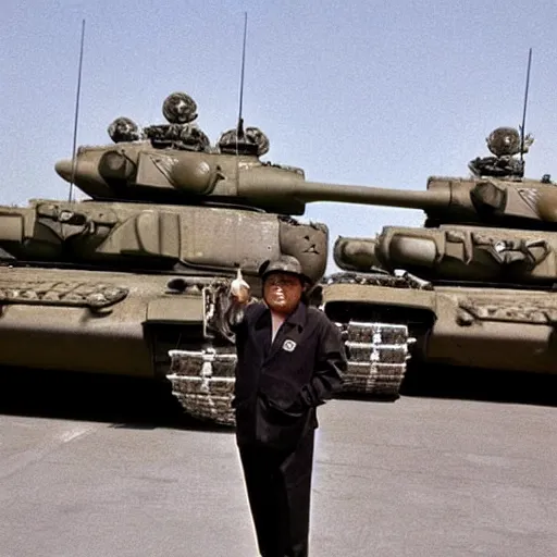 Image similar to Danny DeVito standing in front of Chinese tanks, photograph taken by AP, Tiananmen Square, Beijing