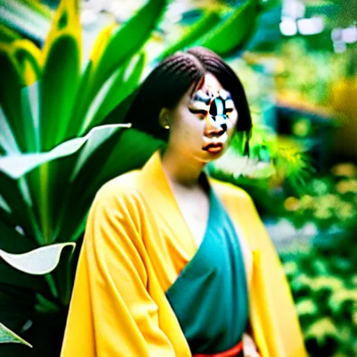 Prompt: Photograph. Film still. of a young woman!!! wearing a yellow kimono in a tropical greenhouse, 4K. 35 mm lens, bokeh