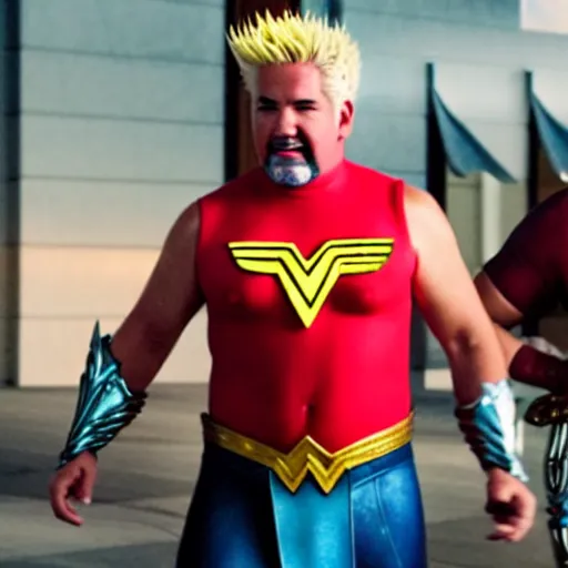 Image similar to Cinematic movie still of Guy Fieri cosplaying as Wonder Woman but it\'s actually Guy Fieri