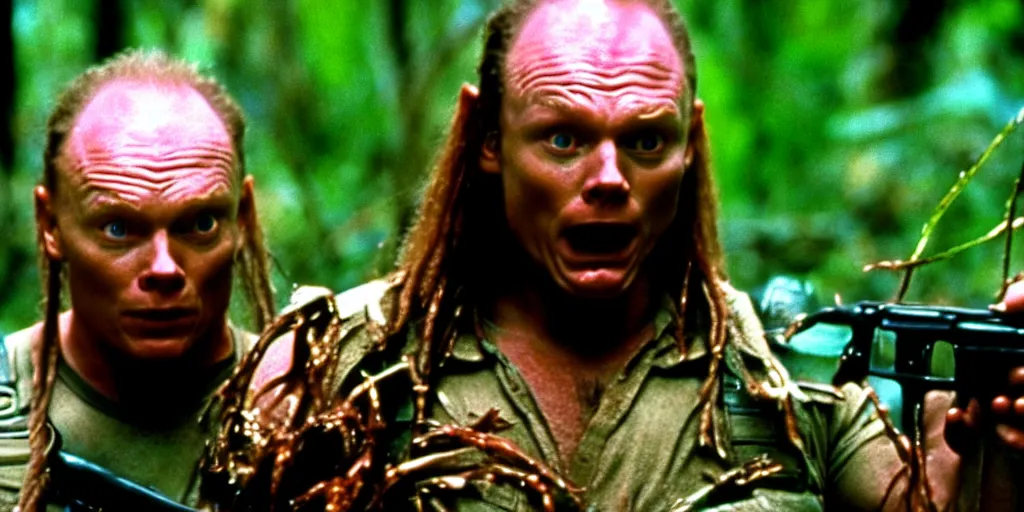 Image similar to a film still of Bill burr in Predator, high quality