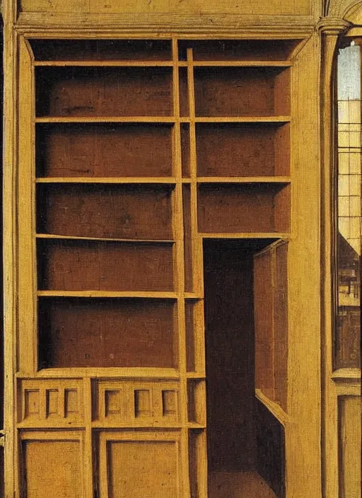 Image similar to bookshelf, medieval painting by jan van eyck, johannes vermeer, florence