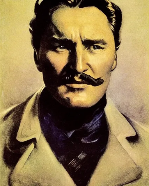 Image similar to Errol Flynn as a scientist. 1980s dystopian Soviet Russia, propaganda screens. Fantasy art by Greg Rutkowski, Gustave Courbet, Rosa Bonheur, Edward Hopper, Ilya Yefimovich Repin, Jean-François Millet, Andrew Newell Wyeth. Faithfully depicted facial expression, perfect anatomy, sharp focus, global illumination, radiant light, detailed and intricate environment, trending on ArtStation