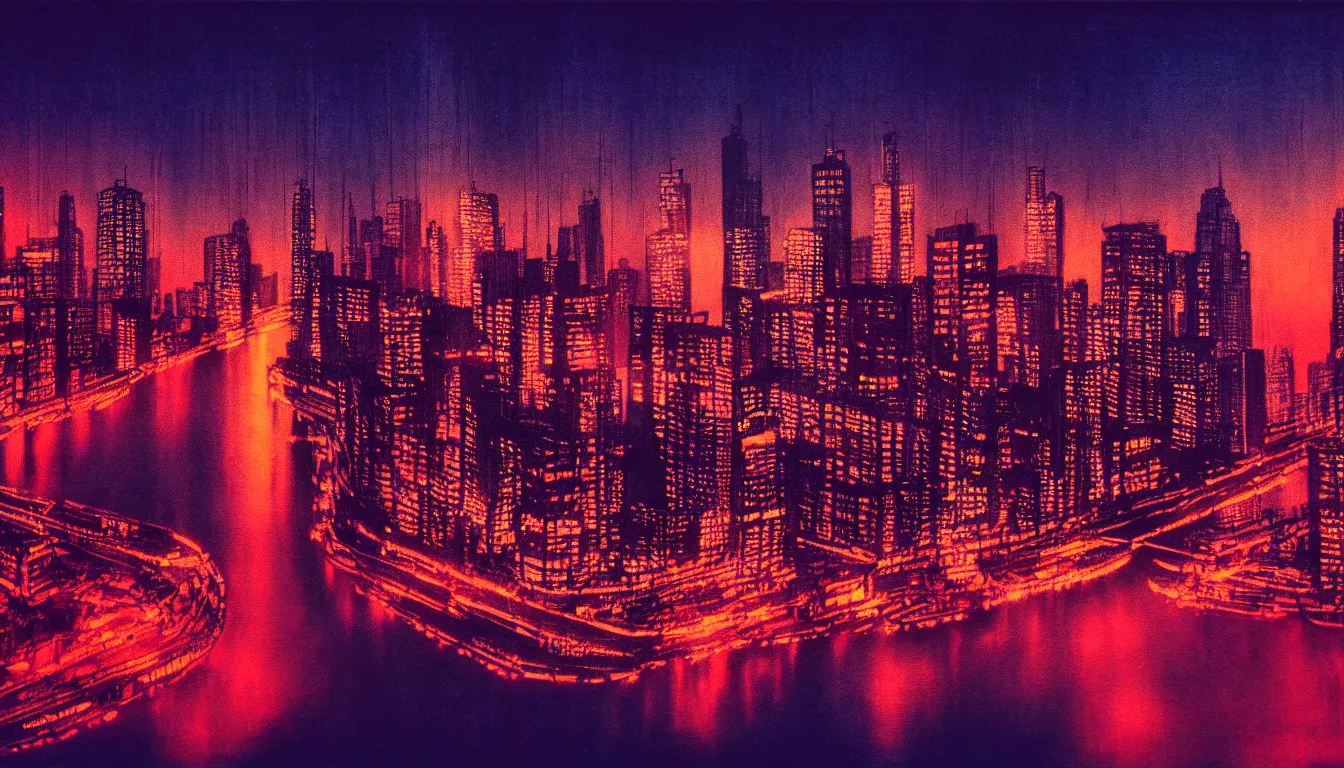Image similar to 80s asian neon movie still with a panorama of a river at night with city lights in the background. Fallen angels movie still. hyperrealistic, high definition, medium format photography, highly detailed, tehnicolor, anamorphic 50mm lens